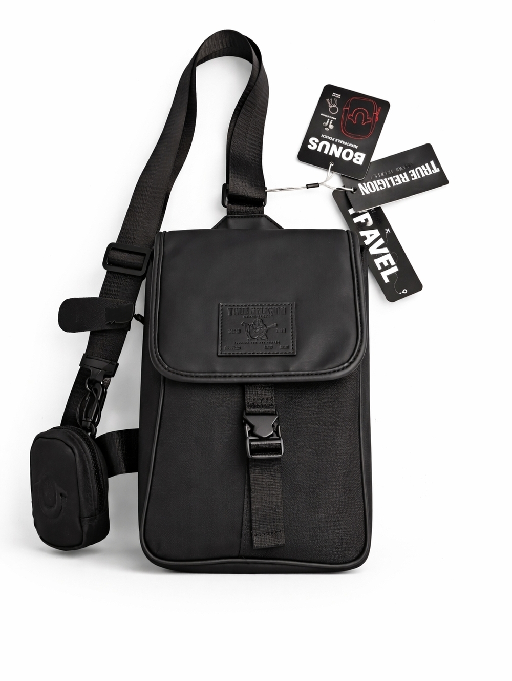 🆕️True Religion Crossbody  Black Travel Sling Shoulder Bag w/ Pouch NWT Unisex